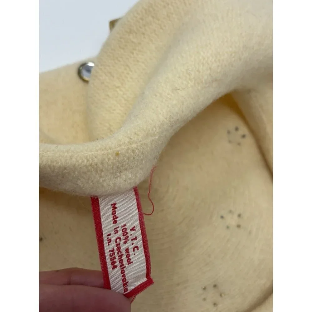 Vintage 70s 60s Cream‎ Ivory Wool Studded Jewel Beret Hat Women's Czechoslovakia